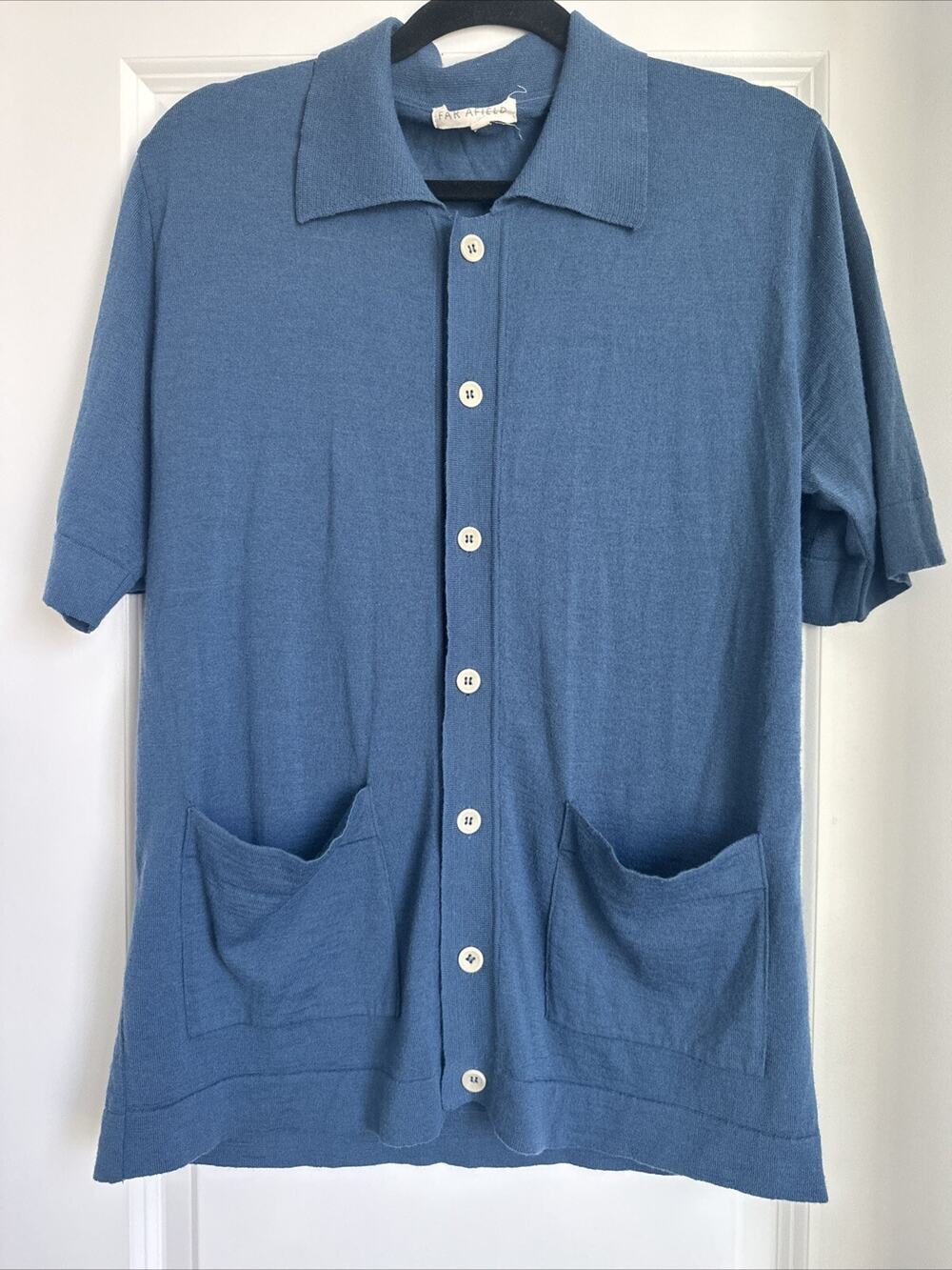 FAR AFIELD Velzey Cabana Polo Short Sleeve Blue Merino Wool Blend Size Large